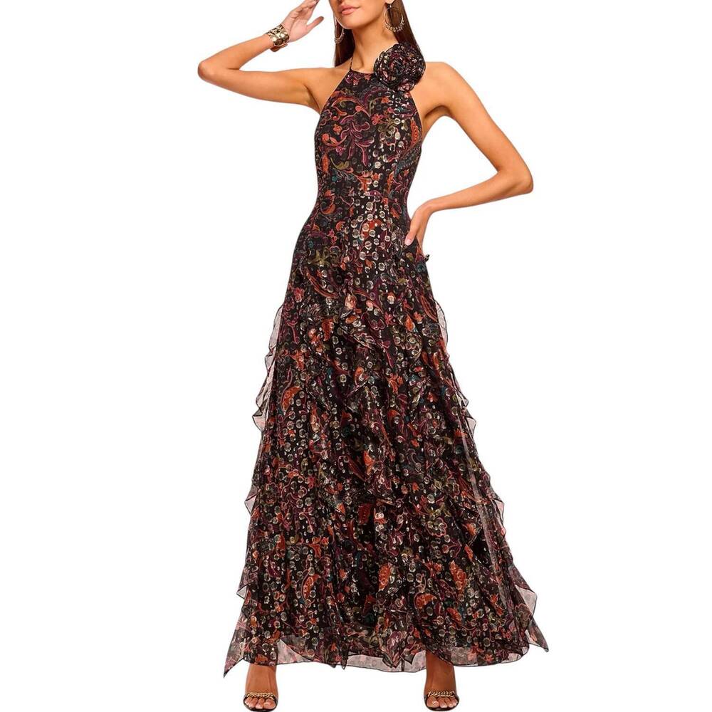 NEW RAMY BROOK idella printed halter gown in black multi